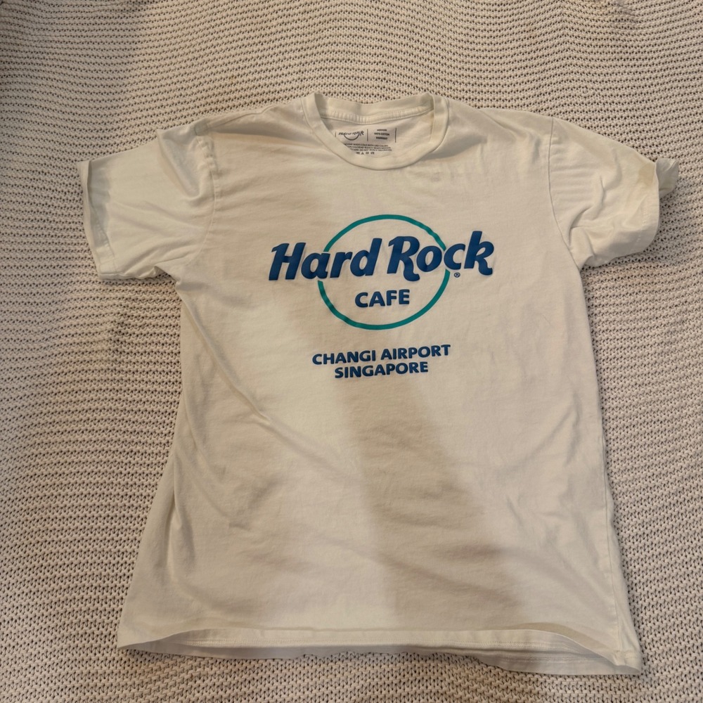 Hard Rock Cafe Changi Airport Singapore White Graphic T-Shirt Mens Medium Cotton
